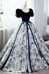 Blue Velvet Floral Long Ball Gown, A-Line Short Sleeve Formal Evening Dress